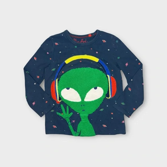 Mini Boden Green Alien Headphone Applique Space Pattern Long Sleeve Shirt - Picture 1 of 5
